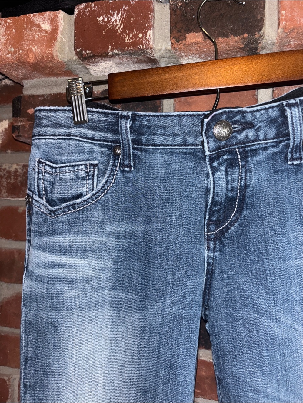 Y2K REROCK Light Blue Embroidered Back-Pocket White Stitching Flare Jeans Sz 8L - Picture 5 of 11